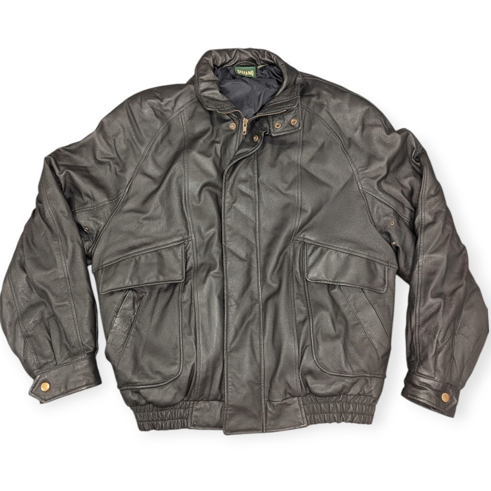 Vintage Stefano Man Black Leather Jacket Size XL Motorcycle Grunge Style